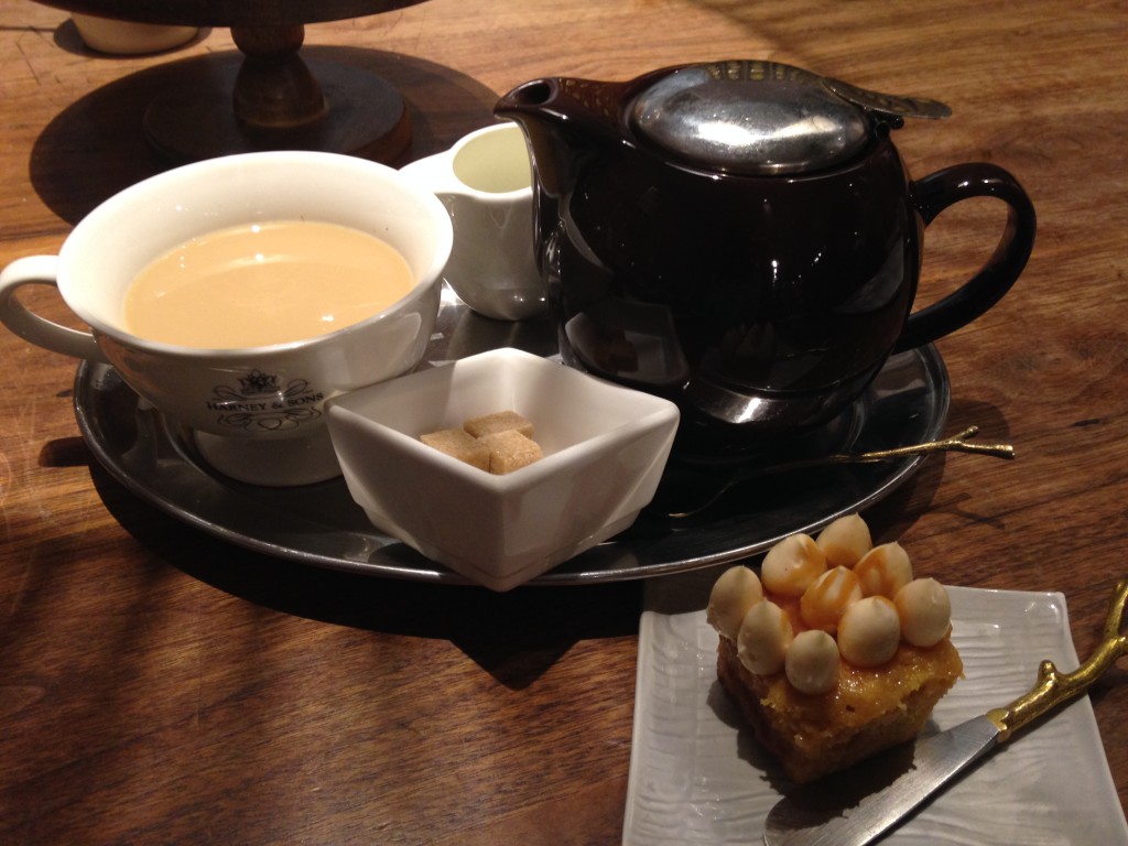 Hot Cinnamon Spice Tea paired with Minnie’s Bakeshop’s Brown Sugar Cake at Harney and Sons Cafe