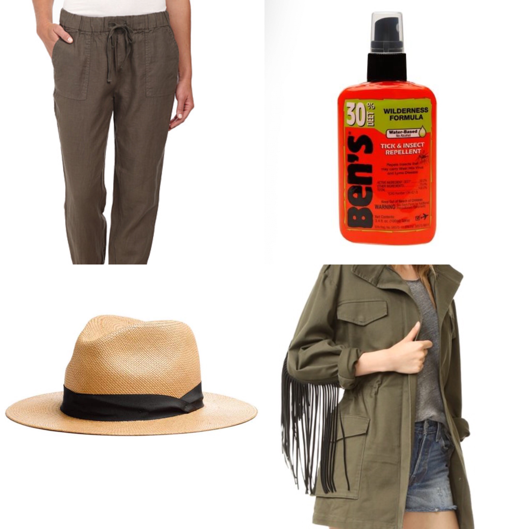 Joie Stuva Linen Pants BCBGMAXAZARI Fringe Parka Rag & Bone Panama Hat Ben’s 30% DEET